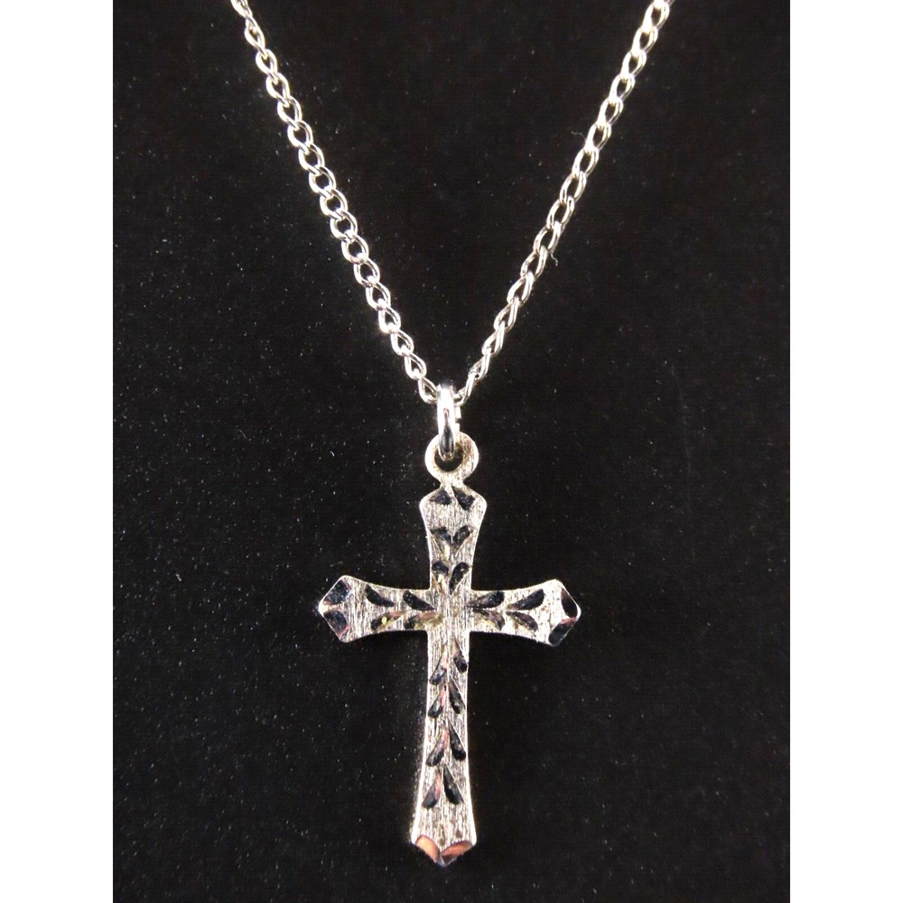 WEH Hayward STERLING SILVER 15"Chain Necklace DIAMOND CUT CROSS PENDANT Etched